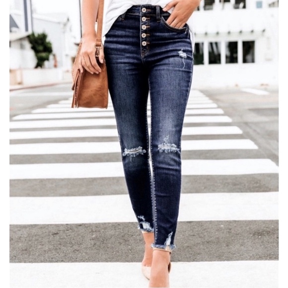 KanCan High Waisted Dark Distressed Frayed Ankle Jeans - Picture 1 of 12